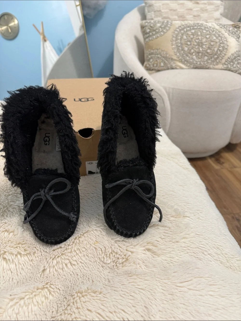 UGG Kids Black Suede Moccasin Slippers with Bow Accent